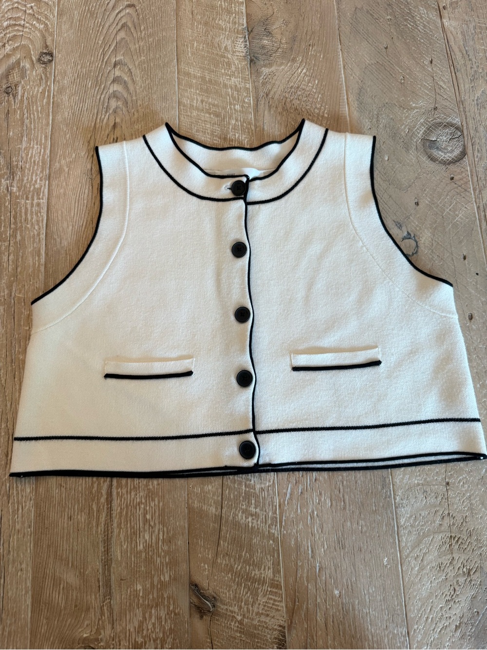OAK + FORT Cream Cropped Button Front Sweater Vest with Black Trim S